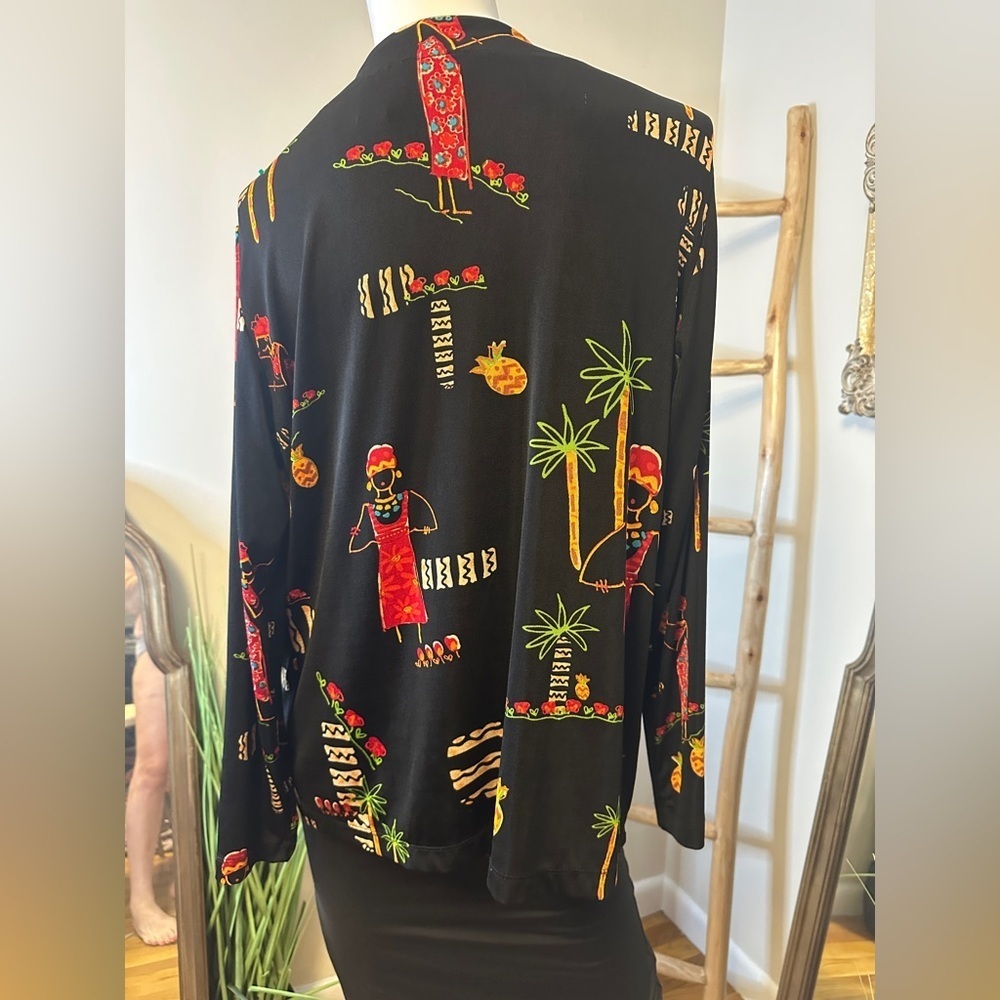 Chico's Travelers Black One Button Cardigan Tribal Village Pattern Size 1 M - Picture 4 of 5